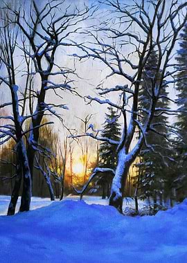 Winter Sunset Forest Painting