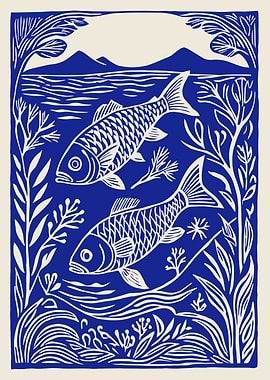 Blue and White Fish Illustration