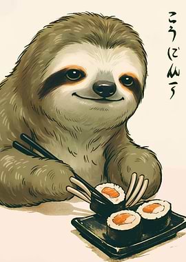 Sloth eating sushi with chopsticks