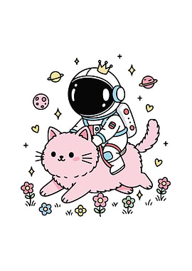 Astronaut Cat Rider Cartoon Illustration
