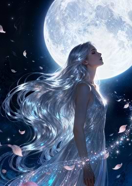 Moonlit Woman with Flowing Silver Hair