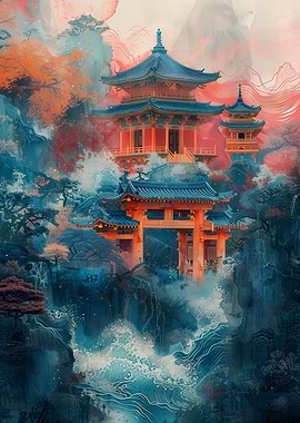Asian Temple Landscape with Waterfall