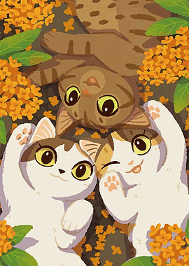 Three Cats in Flowers Illustration