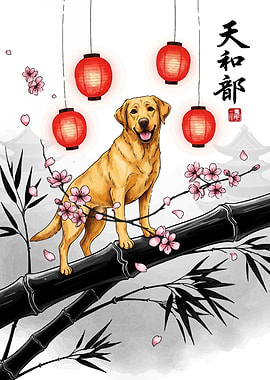 Dog with Japanese Lanterns and Bamboo