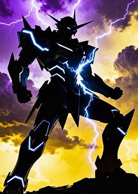 Silhouette Robot with Lightning Background
