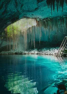 Cenote with Turquoise Water and Vines