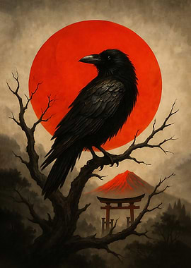 Raven Perched Against Red Sun and Torii