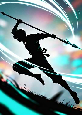 Silhouette Warrior with Spear Anime Style