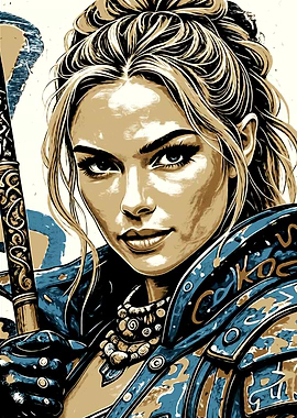 Warrior Woman Portrait in Blue and Beige