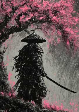 Samurai in Rain with Cherry Blossoms