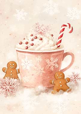 Watercolor Christmas Cocoa with Gingerbread Men