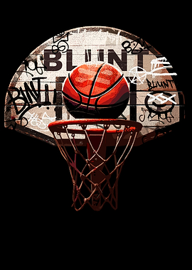 Basketball hoop with graffiti and ball