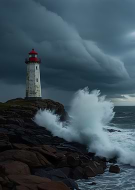 Lighthouse on Rocky Coast with Stormy Sky