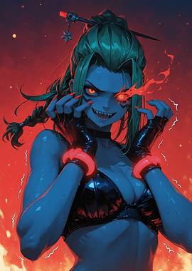 Fiery Anime Woman with Glowing Eyes