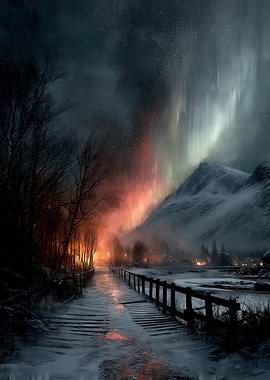 Winter Landscape with Aurora Borealis