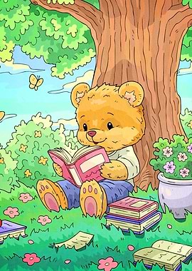 Bear Reading Book Tree Cartoon