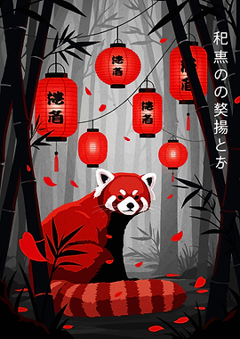 Red Panda with Lanterns in Bamboo Forest