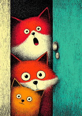 Playful Peeking Foxes Illustration for Bathroom and Kids' Wall Decor