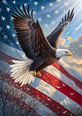 American Eagle Soaring Over USA Flag