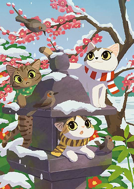 Cats and Birds on Stone Lantern