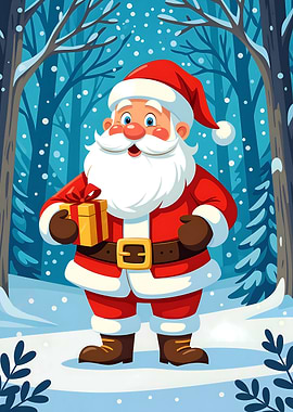 Cartoon Santa Claus with Gift in Winter Forest