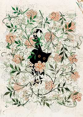 Black Cat in Floral Foliage