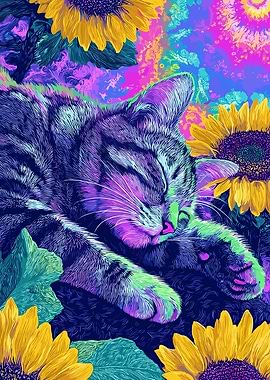 Psychedelic Cat Nap with Sunflowers