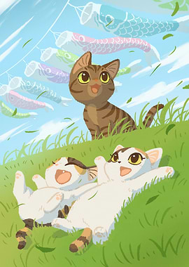 Cats and Koinobori in Spring Breeze