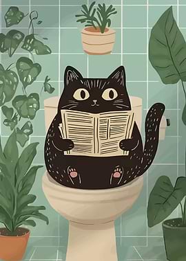 Cat Reading Newspaper on Toilet