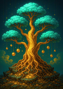 Golden Tree with Teal Foliage