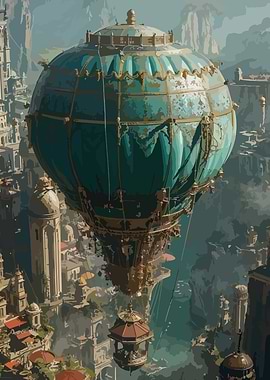Fantasy Cityscape with Hot Air Balloon