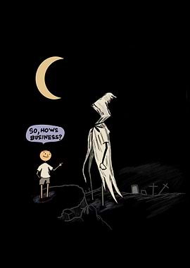 Grim Reaper Humor Art Print – Death Meets Boy in Cartoon Style
