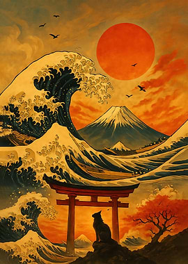 Japanese Landscape with Wave and Torii