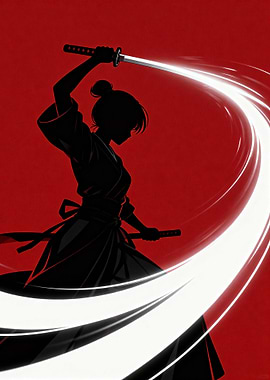 Silhouette Samurai with Swords on Red
