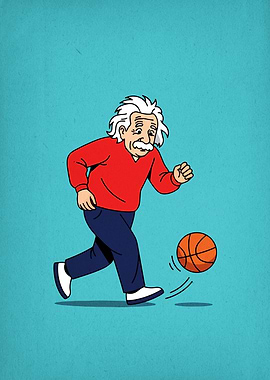 Einstein playing basketball cartoon illustration
