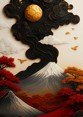Mount Fuji Landscape with Golden Moon