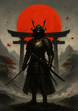 Samurai Warrior with Red Sun Backdrop