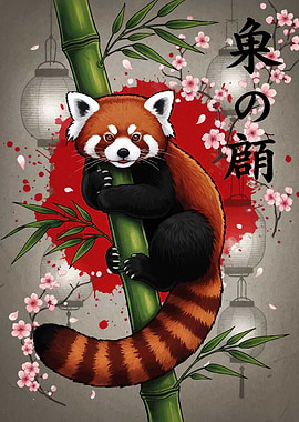 Red Panda on Bamboo with Cherry Blossoms