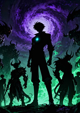 Silhouette Hero with Demons and Portal