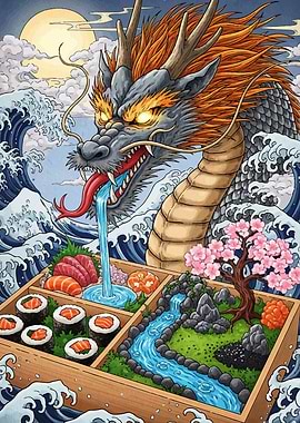Dragon Bento Box with Sushi and Scenery