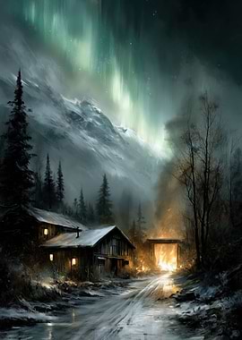 Winter Cabin Under Aurora Borealis