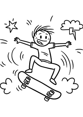 Cartoon Skateboarder in Black and White