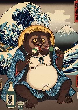 Tanuki Ukiyo-e with Dango and Sake