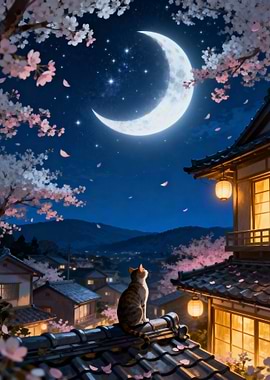 Cat Gazing at Moonlit Cherry Blossoms