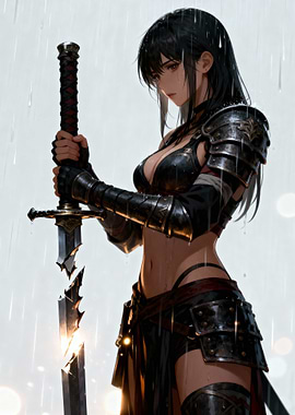 Female Warrior with Broken Sword in Rain