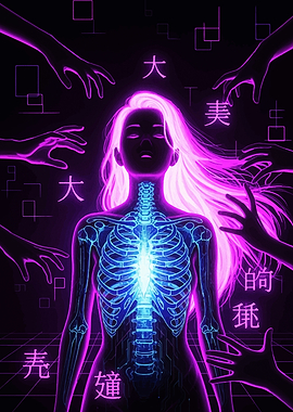 Neon Woman with Skeletal Overlay