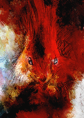 Abstract Squirrel Portrait in Red and Black