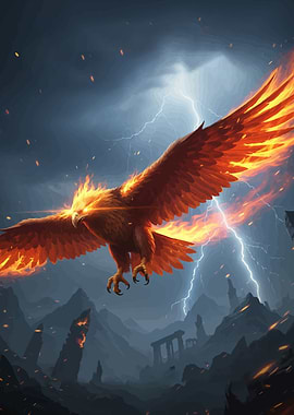 Fiery Phoenix Rising Stormy Landscape