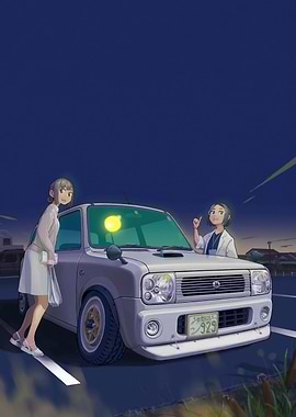 Anime girls with a car at night