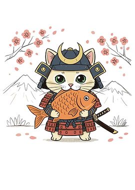 Samurai Cat with Fish Illustration